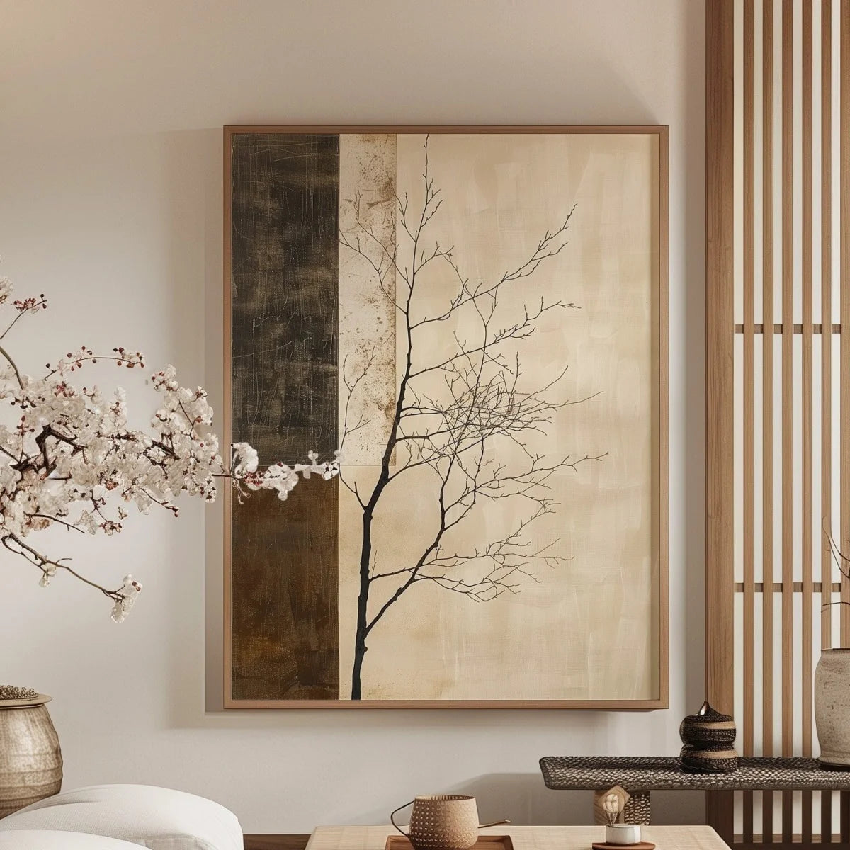 Tableau Arbre Wabi-Sabi – Minimalisme Japonais et Tons Neutres