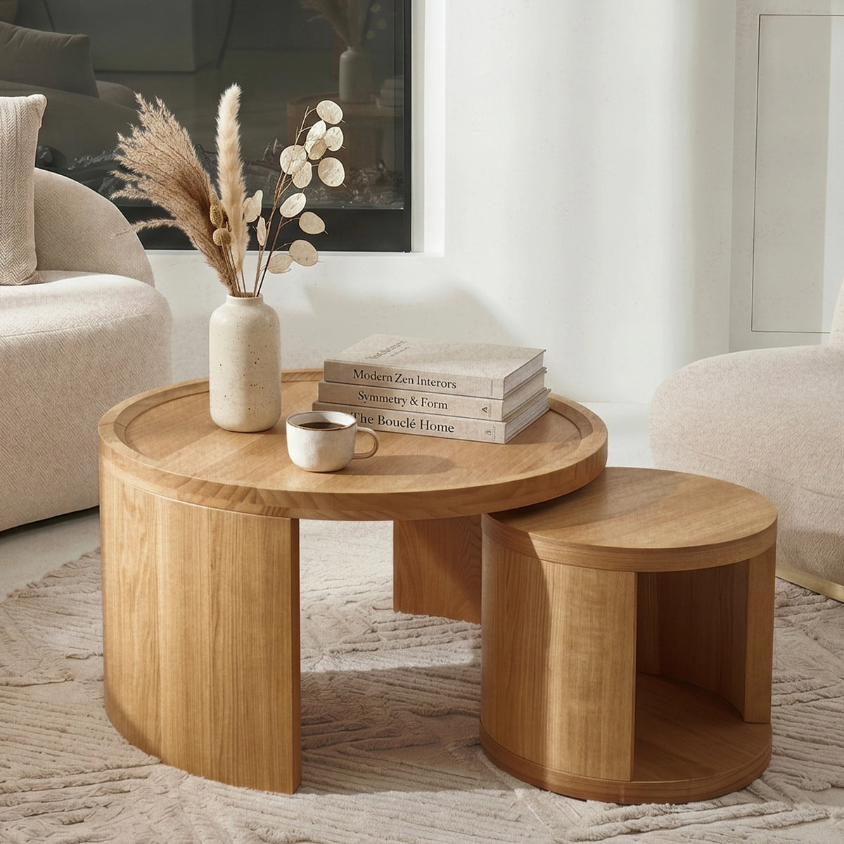 Lot de 2 Tables Basses Rondes en Bois – Élégance Japandi et Naturelle