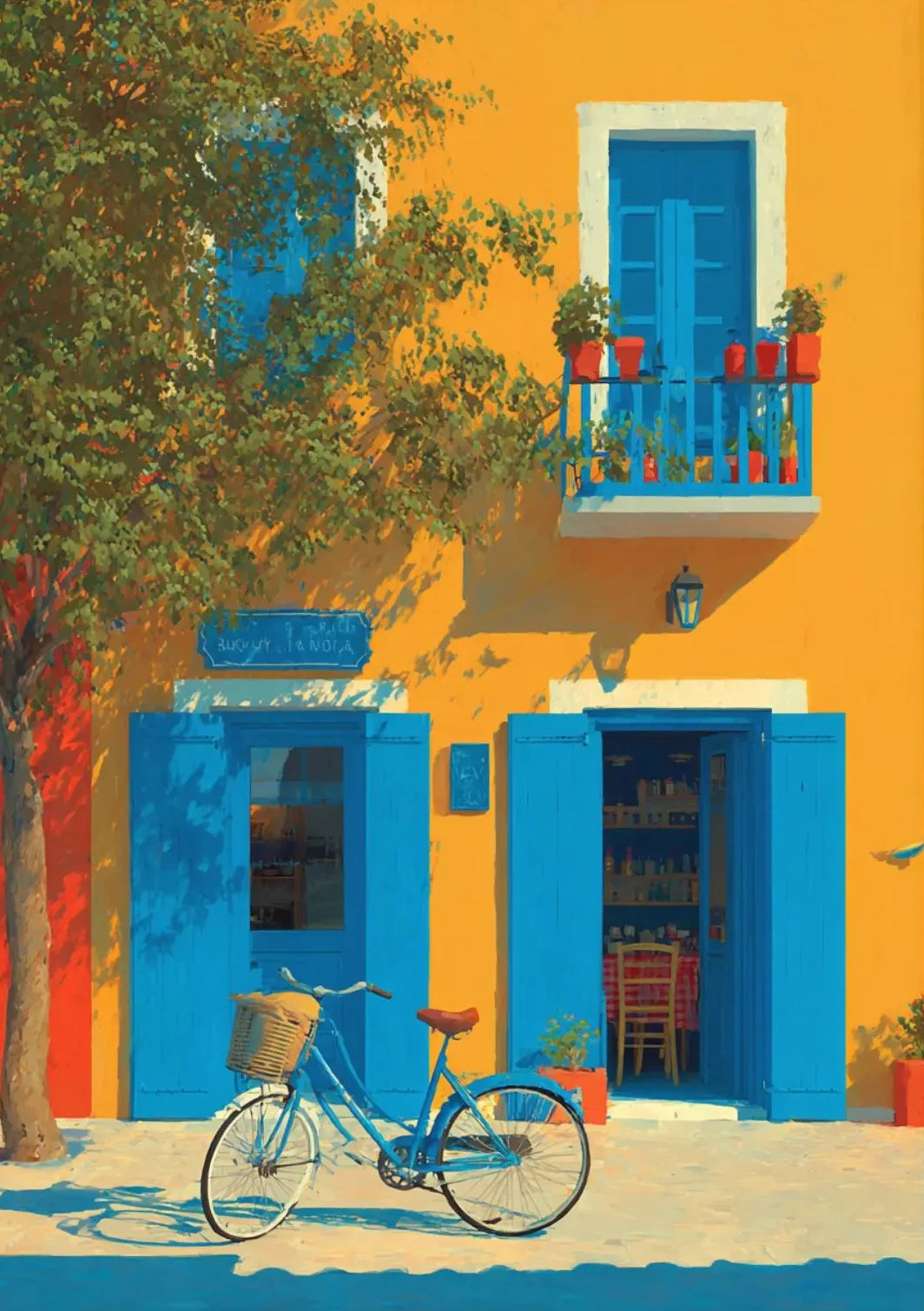 Tableau Méditerranéen Orange et Bleu – Architecture Côtière Estivale