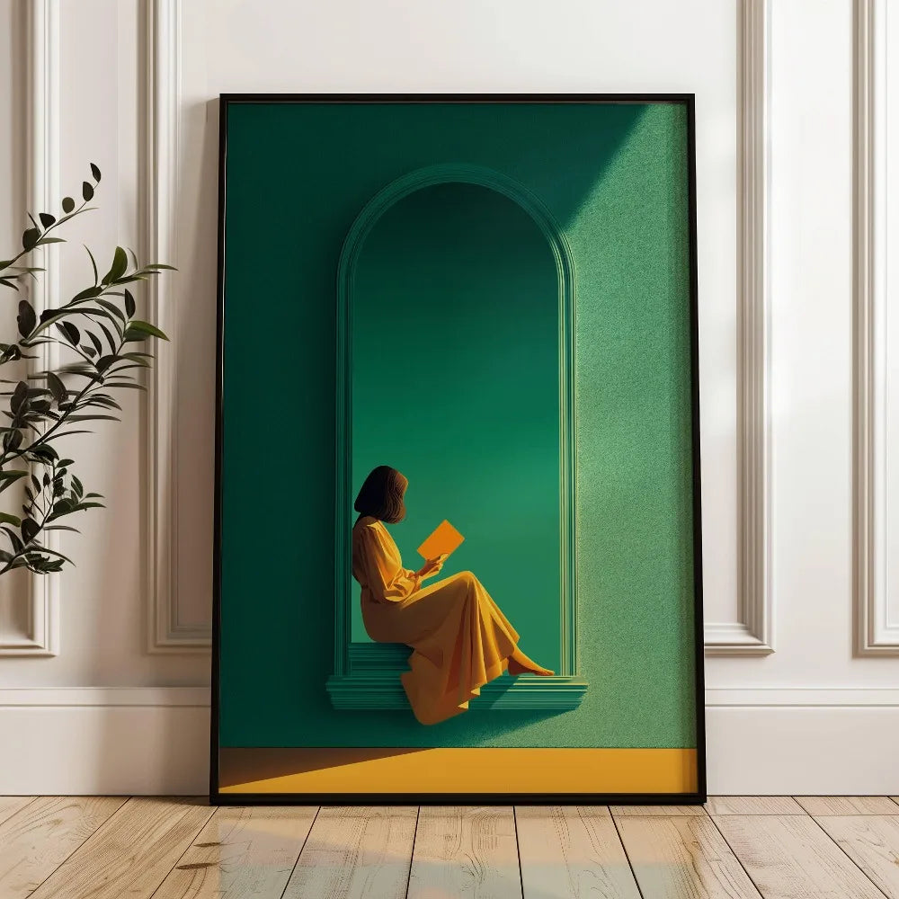 Tableau Femme Lisant Vert Émeraude – Ambiance Bibliothèque Élégante