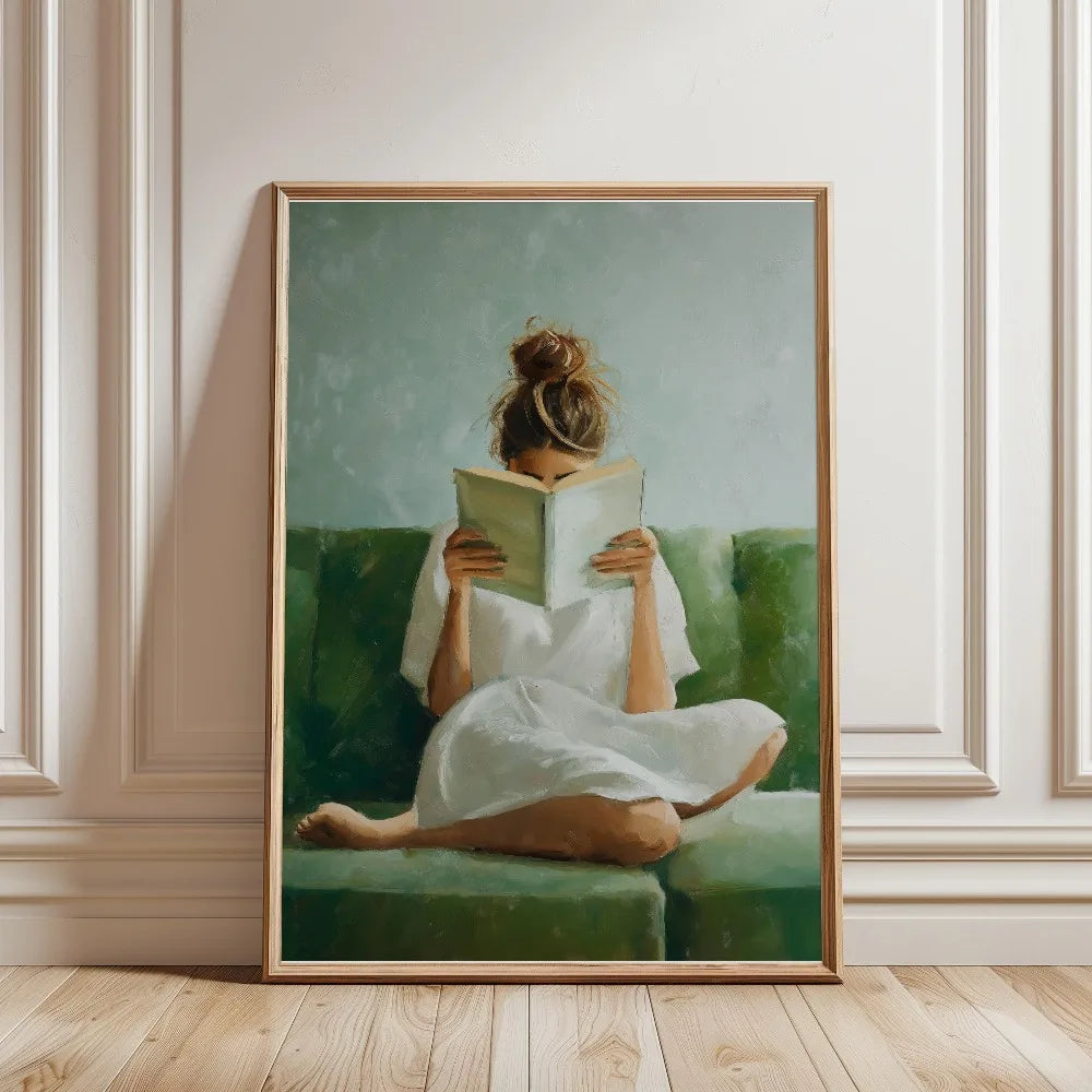 Tableau Femme Lisant Vert Émeraude – Ambiance Bibliothèque Élégante