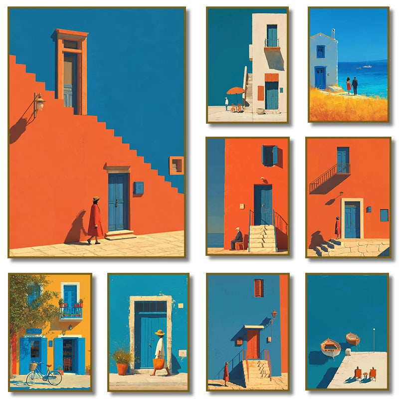 Tableau Méditerranéen Orange et Bleu – Architecture Côtière Estivale