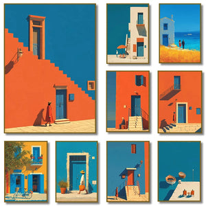 Tableau Méditerranéen Orange et Bleu – Architecture Côtière Estivale