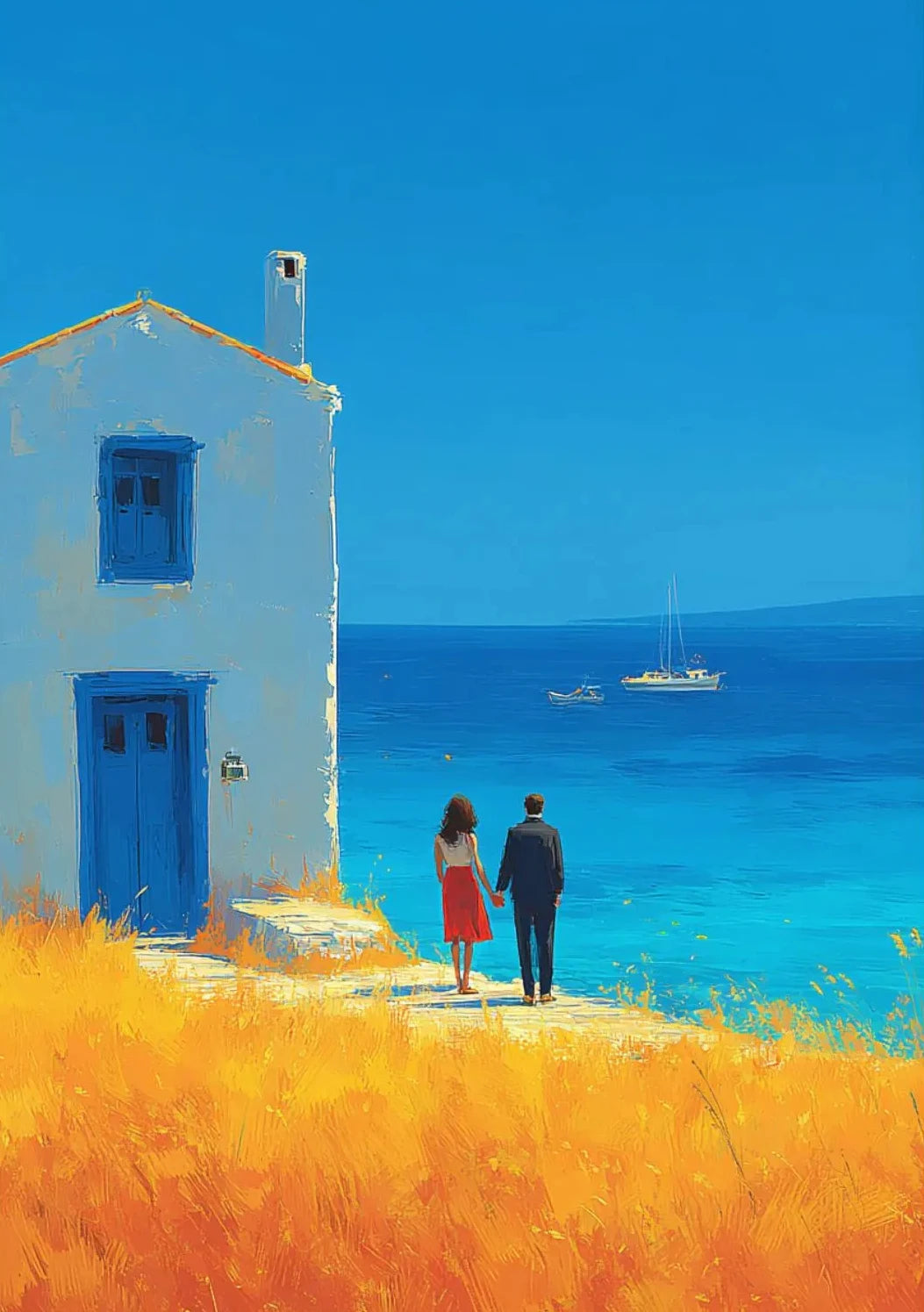 Tableau Méditerranéen Orange et Bleu – Architecture Côtière Estivale