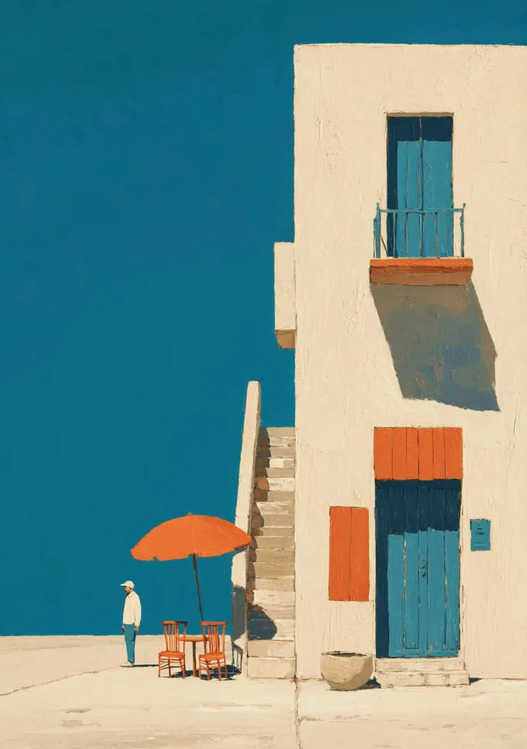 Tableau Méditerranéen Orange et Bleu – Architecture Côtière Estivale