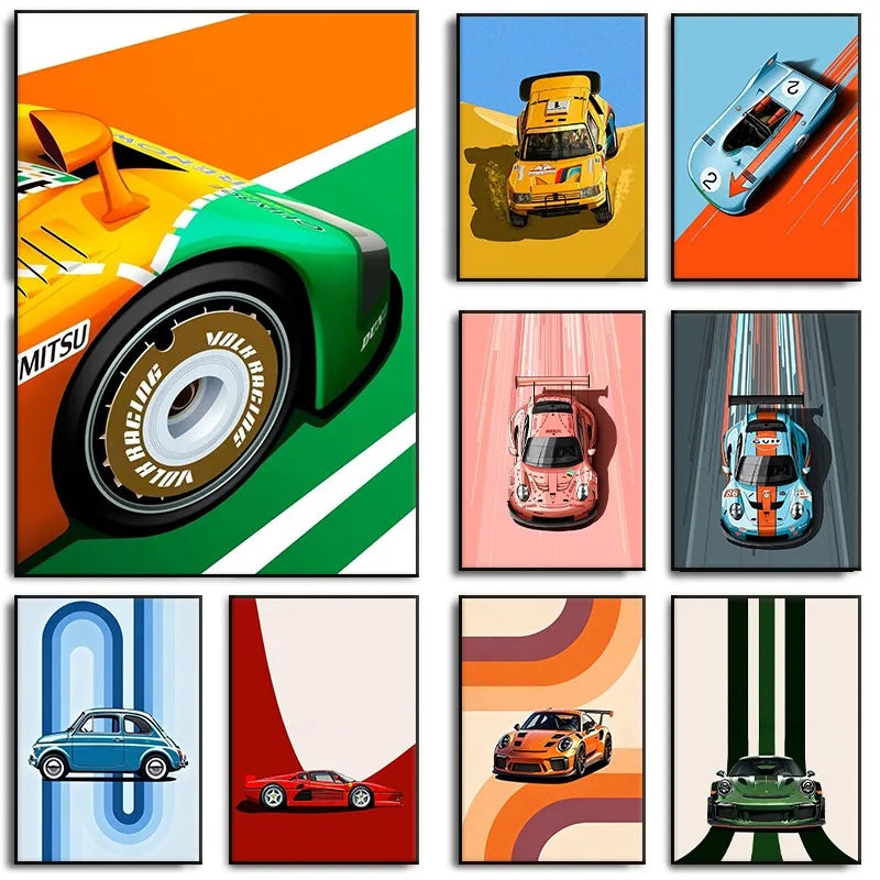 Tableau Voiture de Course Vintage – Couleurs Vives et Esthétique Rétro