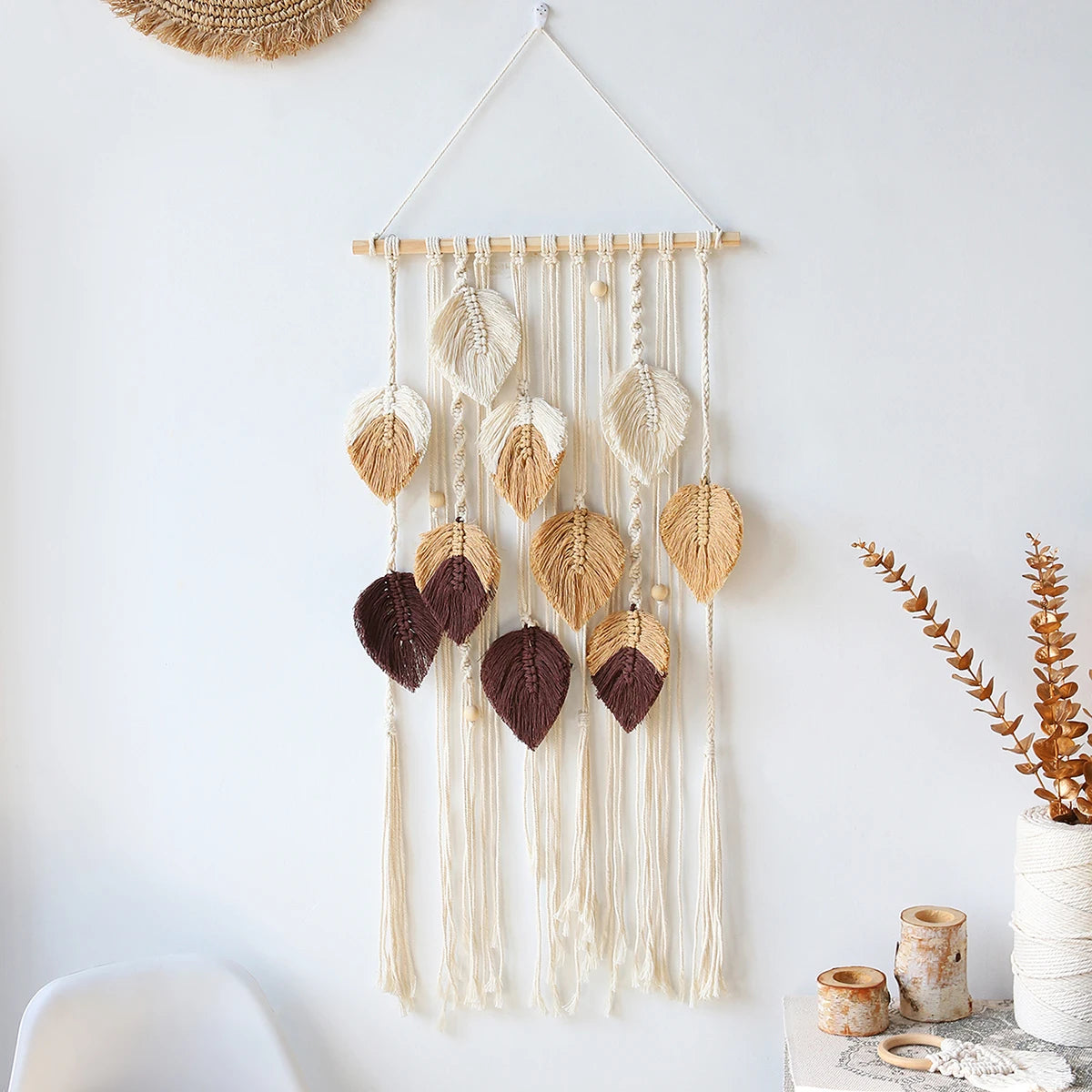 Tapisserie Murale Macramé Feuilles – Coton Tressé et Franges
