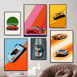 Tableau Voiture de Course Vintage – Couleurs Vives et Esthétique Rétro