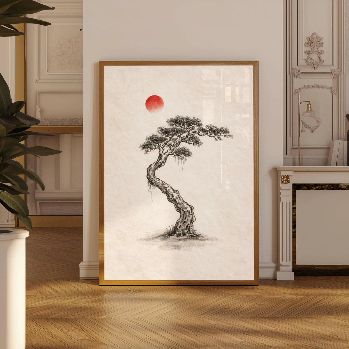 Tableau Arbre Japonais à l’Encre – Soleil Rouge et Esprit Zen
