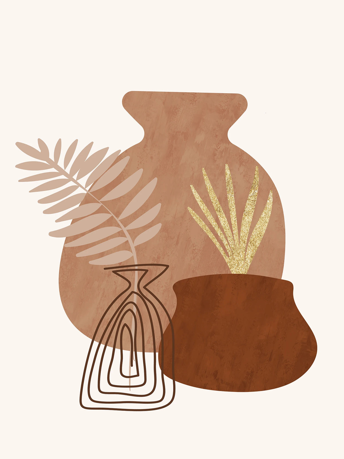 Tableau Bohème Abstrait – Feuilles, Désert et Lignes Organiques