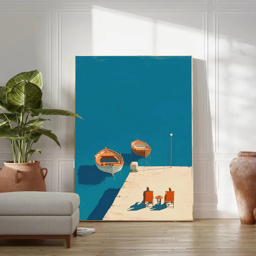 Tableau Méditerranéen Orange et Bleu – Architecture Côtière Estivale