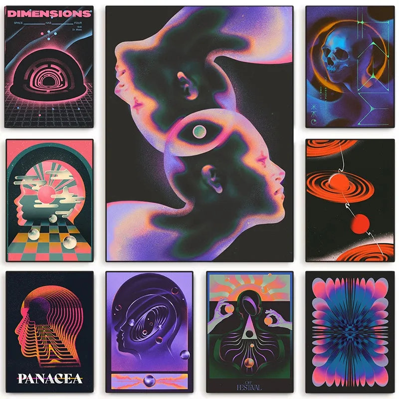 Tableau Futuriste Sombre et Coloré – Personnages et Géométrie