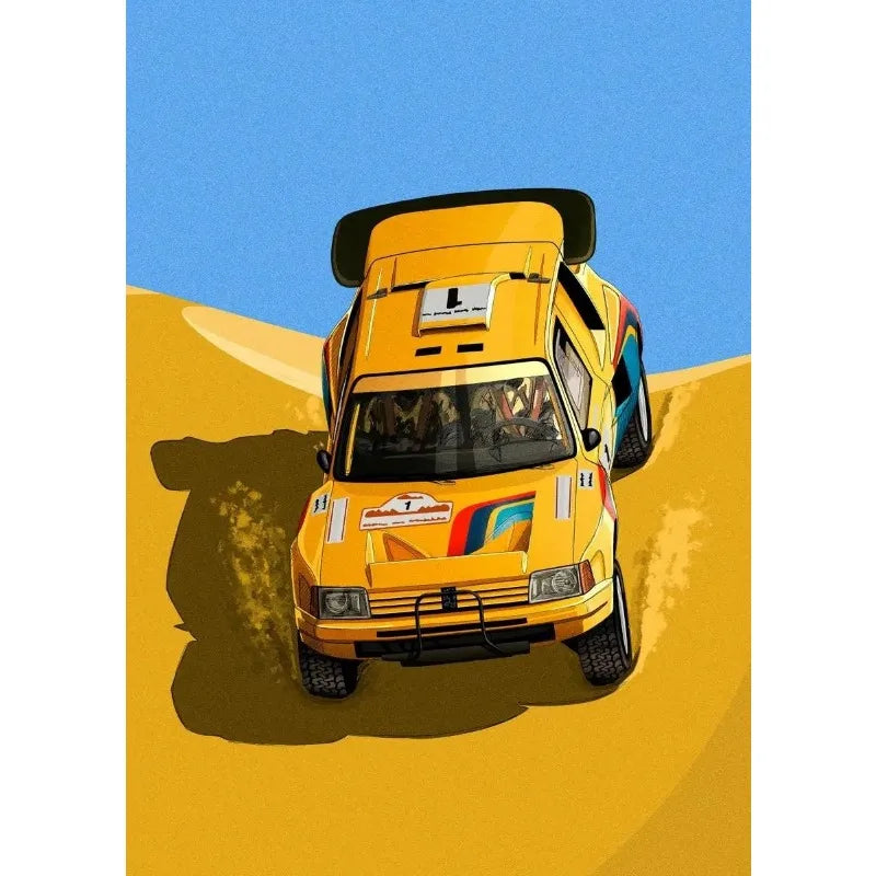 Tableau Voiture de Course Vintage – Couleurs Vives et Esthétique Rétro