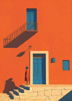 Tableau Méditerranéen Orange et Bleu – Architecture Côtière Estivale