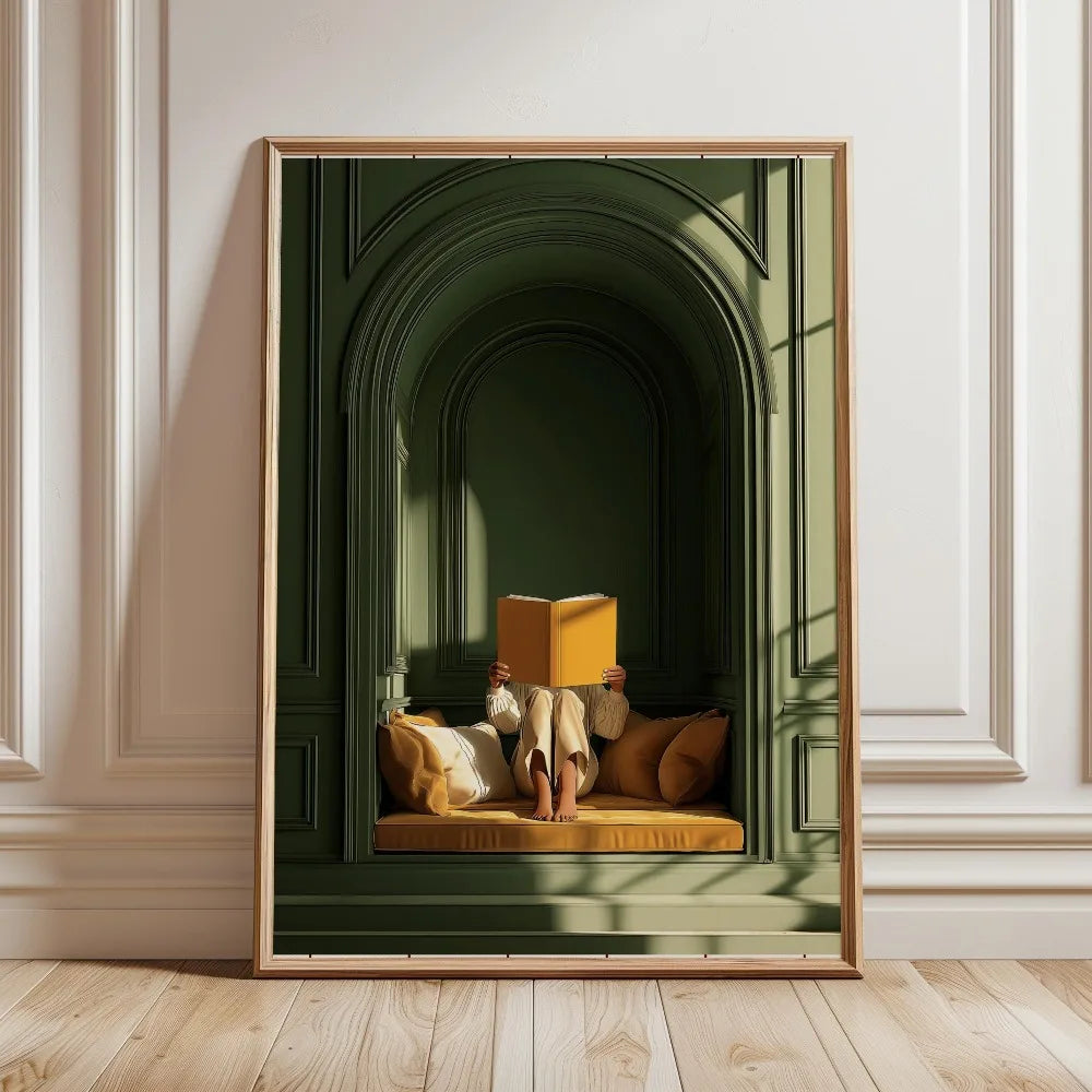 Tableau Femme Lisant Vert Émeraude – Ambiance Bibliothèque Élégante