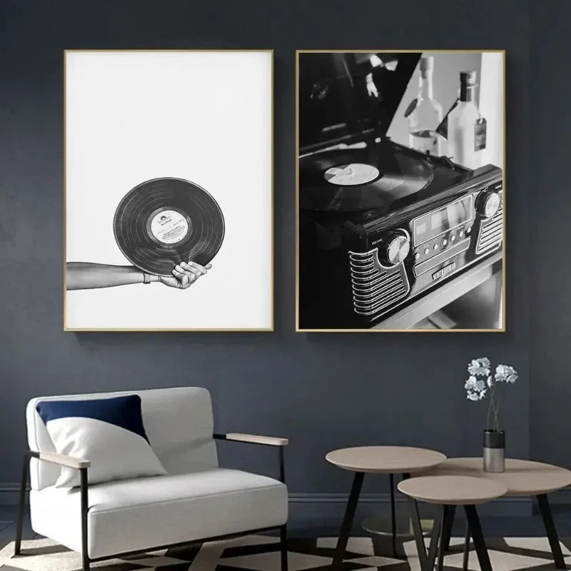 Tableau Musique Noir et Blanc – Vinyle, Guitare et Esprit Rétro