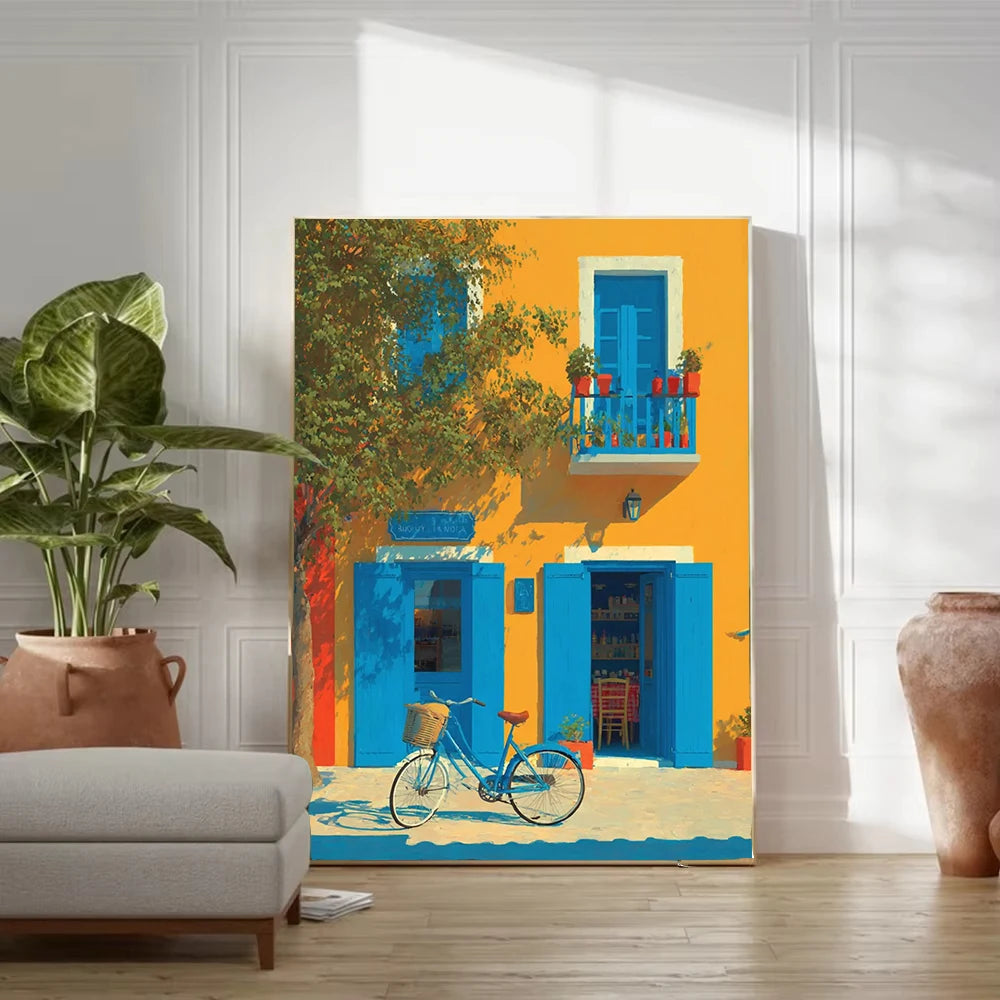 Tableau Méditerranéen Orange et Bleu – Architecture Côtière Estivale