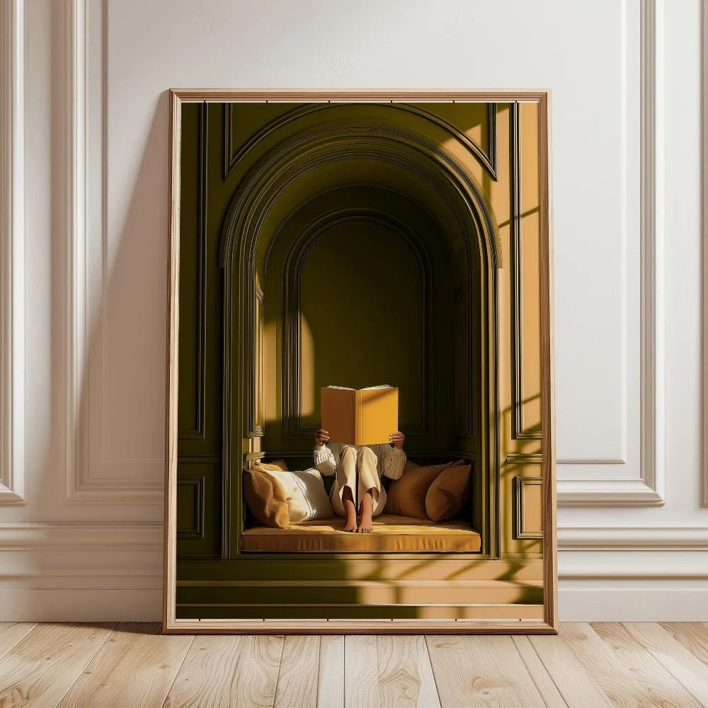 Tableau Femme Lisant Vert Émeraude – Ambiance Bibliothèque Élégante