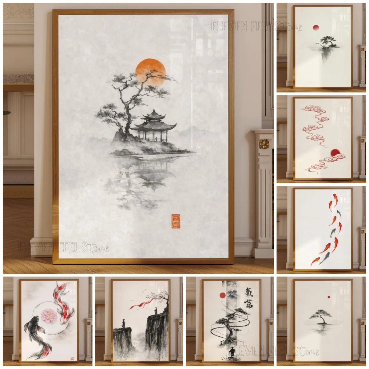 Tableau Arbre Japonais à l’Encre – Soleil Rouge et Esprit Zen