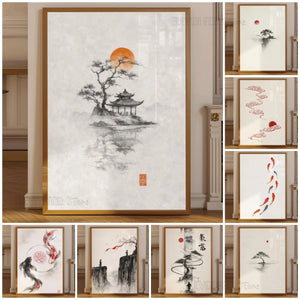 Tableau Arbre Japonais à l’Encre – Soleil Rouge et Esprit Zen