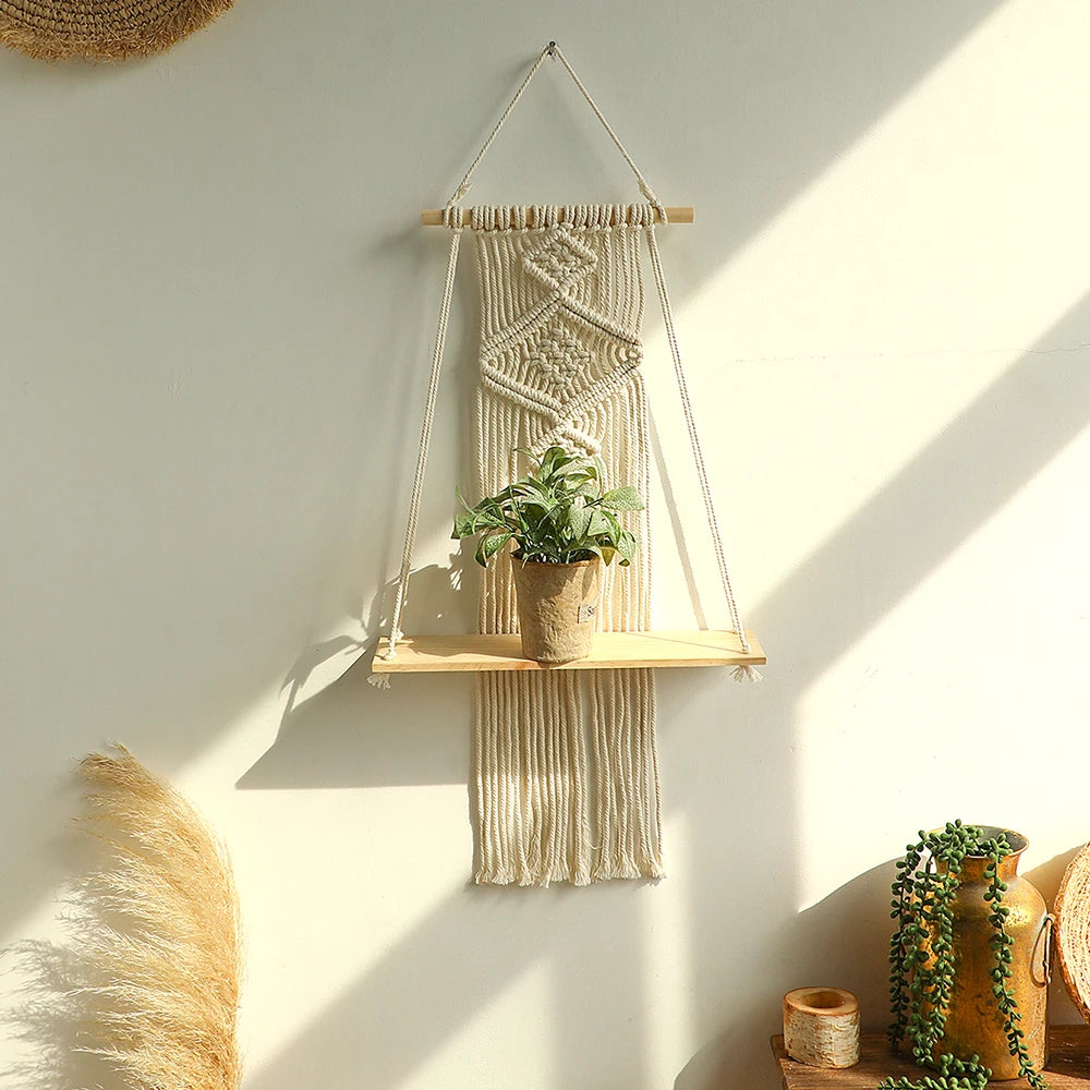 Étagère Suspendue Macramé – Bois Naturel et Corde Tressée Main