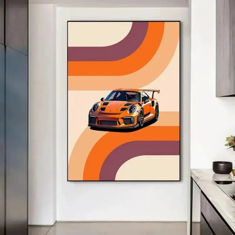 Tableau Voiture de Course Vintage – Couleurs Vives et Esthétique Rétro
