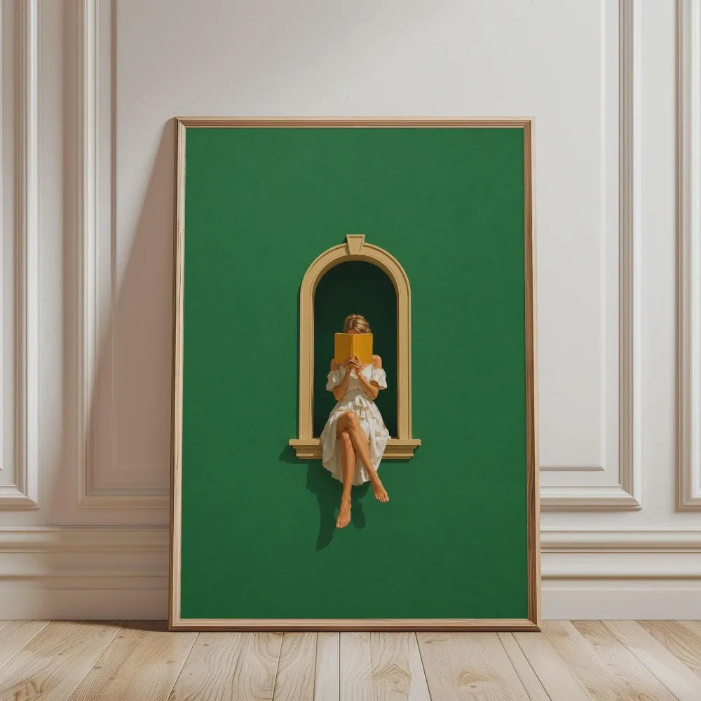 Tableau Femme Lisant Vert Émeraude – Ambiance Bibliothèque Élégante