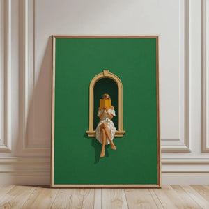 Tableau Femme Lisant Vert Émeraude – Ambiance Bibliothèque Élégante