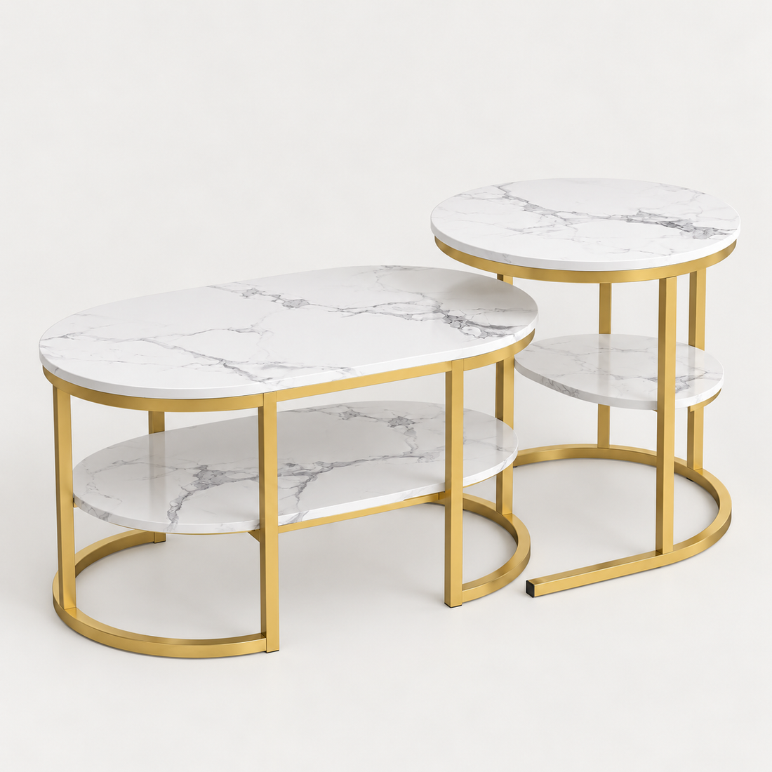 Set of 2 Nesting Coffee Tables Marble Effect – Gold Frame and Storage