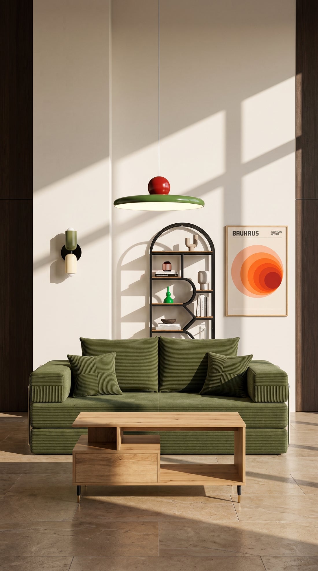 Salon Bauhaus : canapé en velours côtelé olive, suspension verte et rouge, affiche Bauhaus