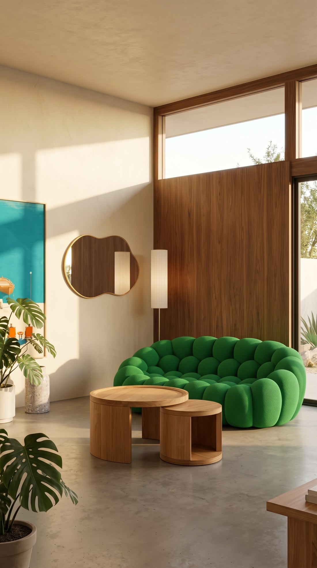 Salon californien : canapé bulle vert, tables gigognes en bois et mur en noyer