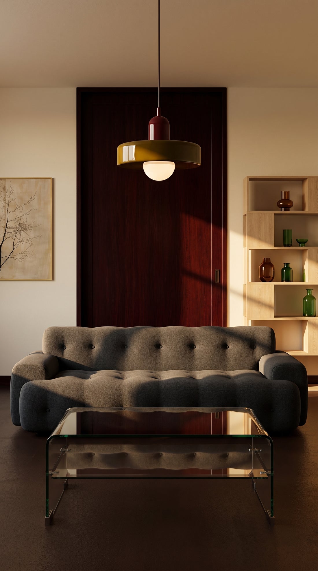Salon feutré : canapé gris capitonné, table basse en verre et suspension moutarde