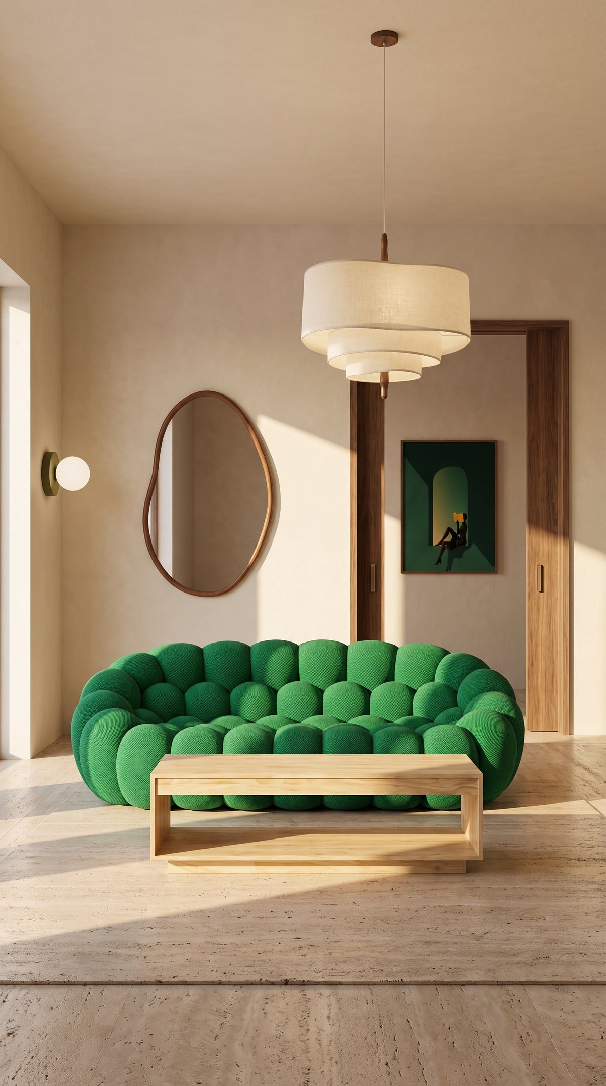 Salon organique : canapé bulle vert, suspension en lin et miroir organique