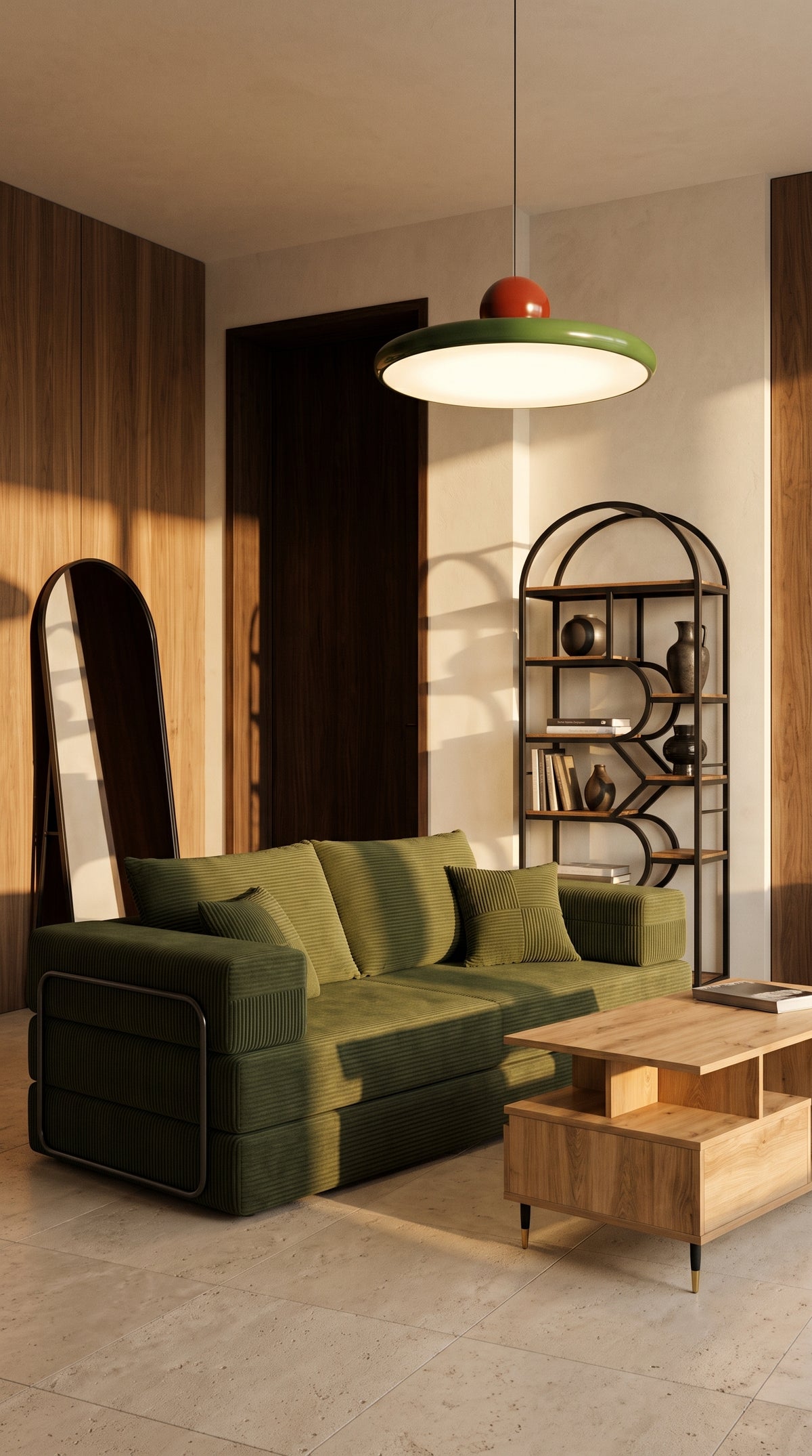 Salon rétro olive : canapé côtelé, étagère arche noire et miroir arche