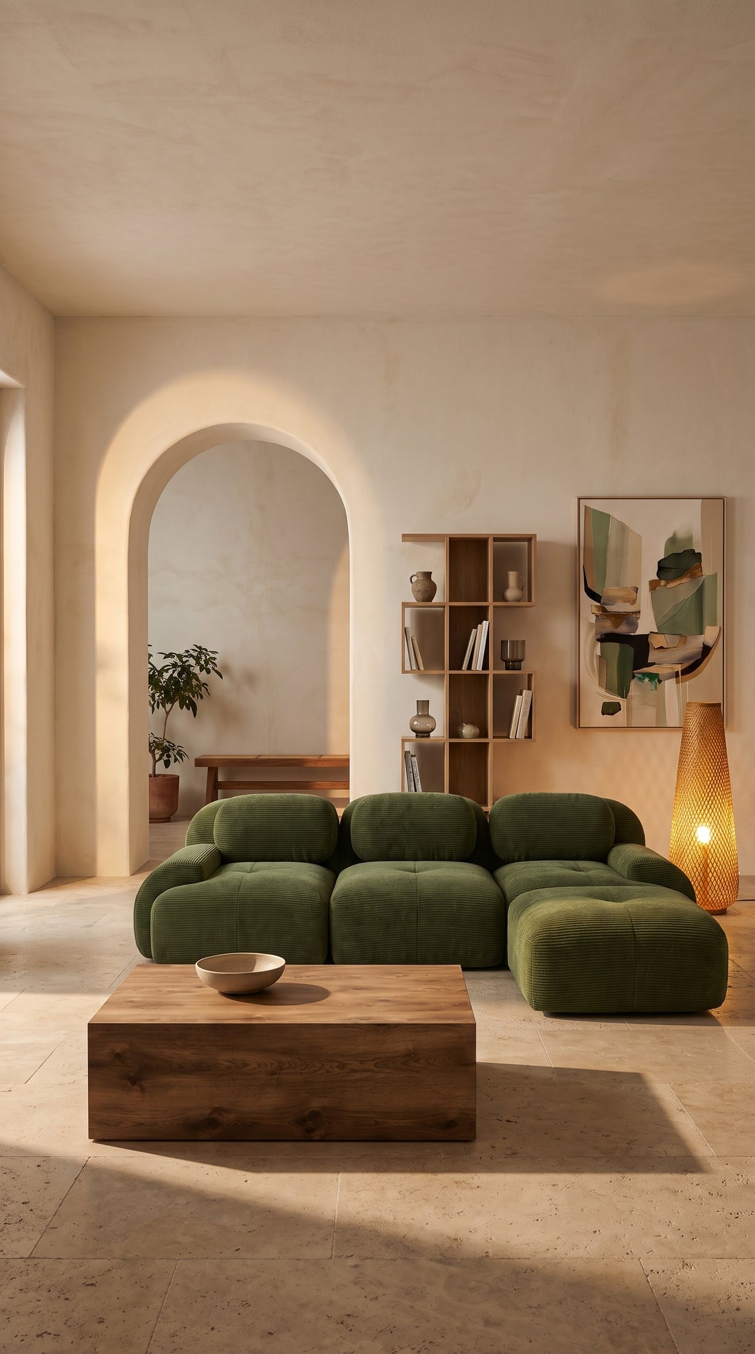 Salon sous l'arche : canapé modulable olive, sol en travertin et lampe en rotin