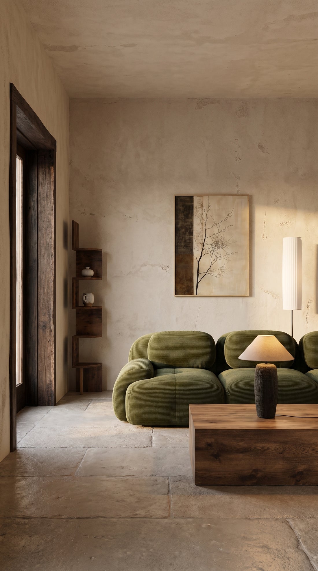 Salon wabi-sabi : canapé arrondi olive, murs en enduit et sol en pierre