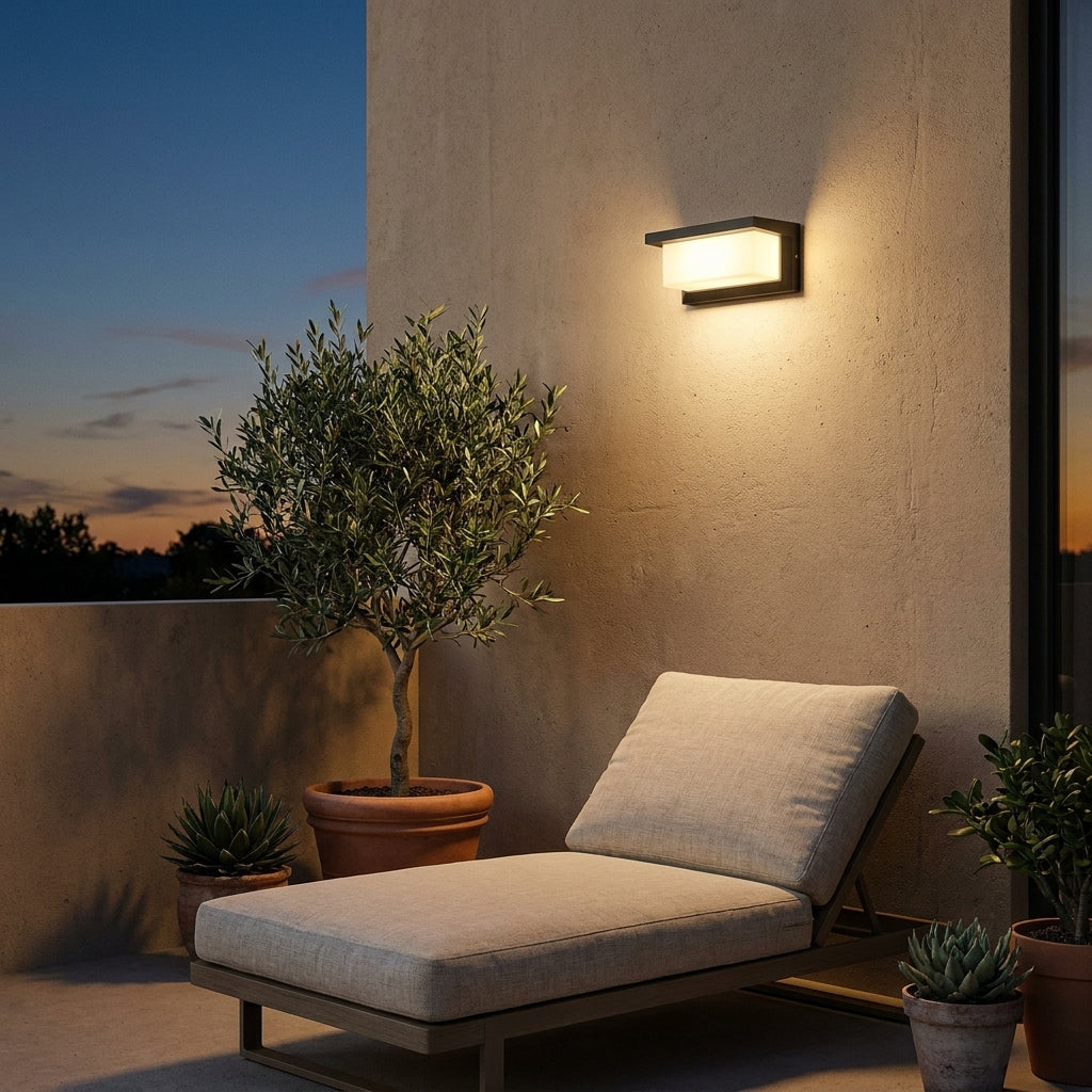 Applique murale extérieure noire Noctéa (format horizontal) sur une terrasse au crépuscule