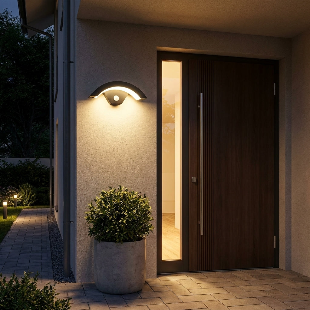 Applique extérieure Oculéil allumée à côté d'une porte d'entrée de maison la nuit