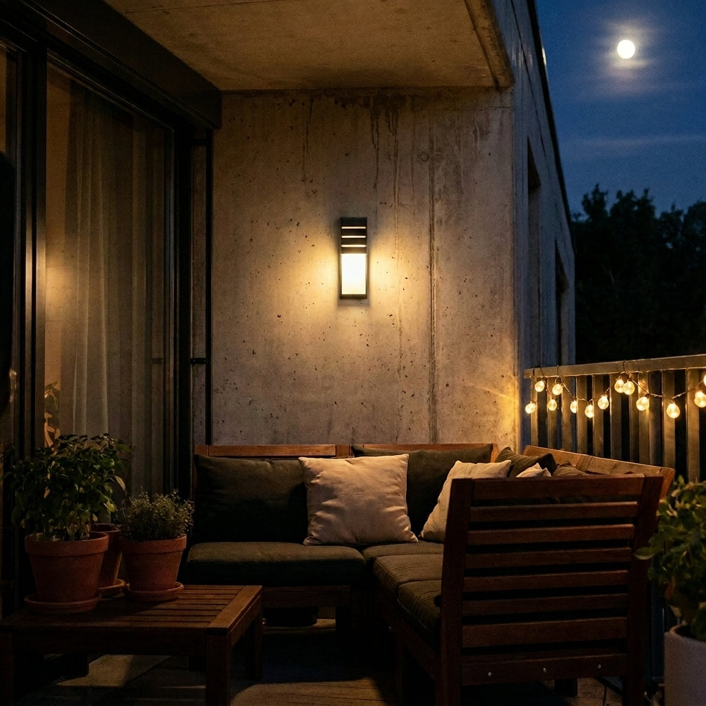 Applique murale Lutéa sur terrasse couverte avec salon extérieur la nuit