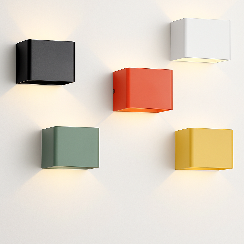 Cube allumé au mur, lumière vers le haut et vers le bas