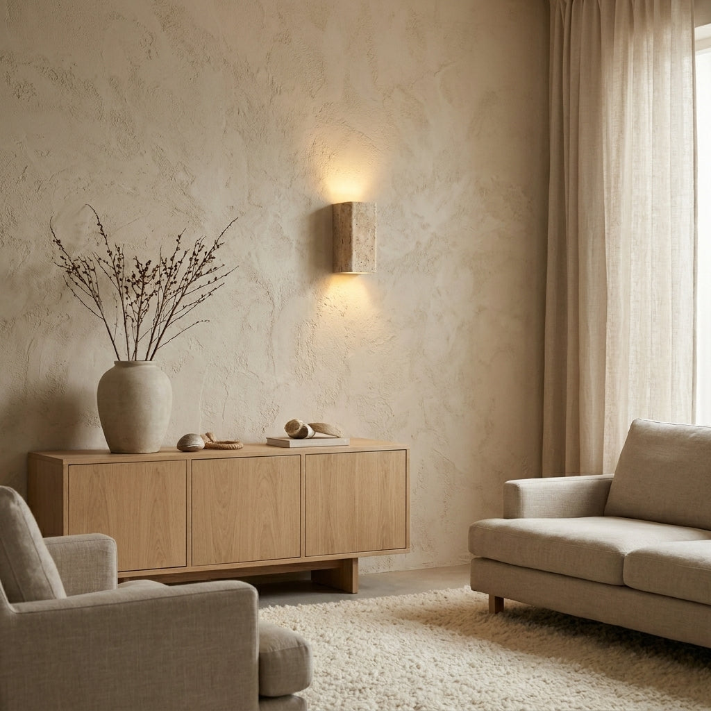 Applique murale rectangulaire en travertin Luminosa dans un salon, au-dessus d'un buffet en chêne