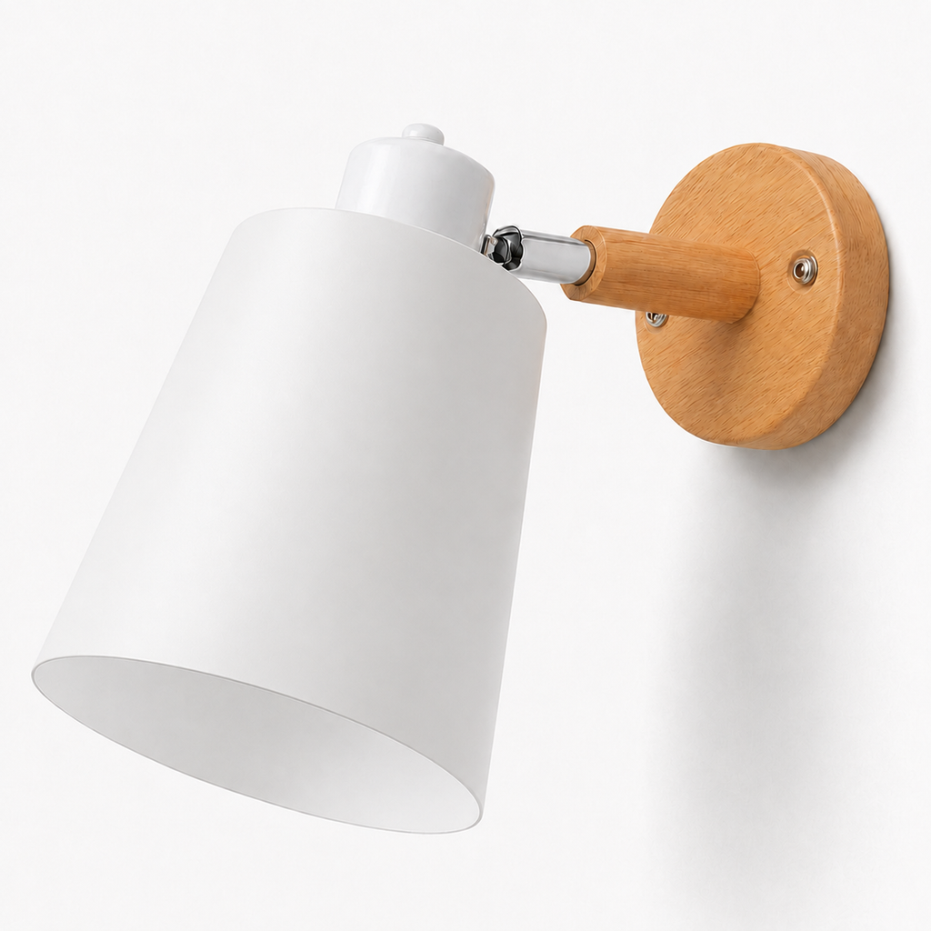 Applique Orientéil, abat-jour blanc orientable sur support en bois
