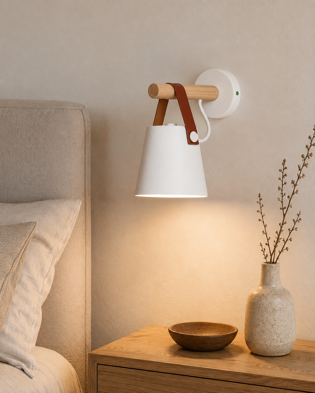 Applique Pendéil blanche allumée près d'une tête de lit