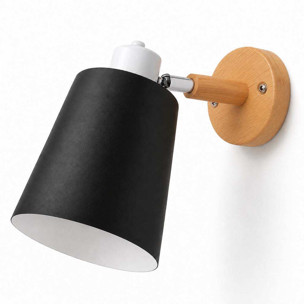 Applique Orientéil, abat-jour noir orientable sur support en bois