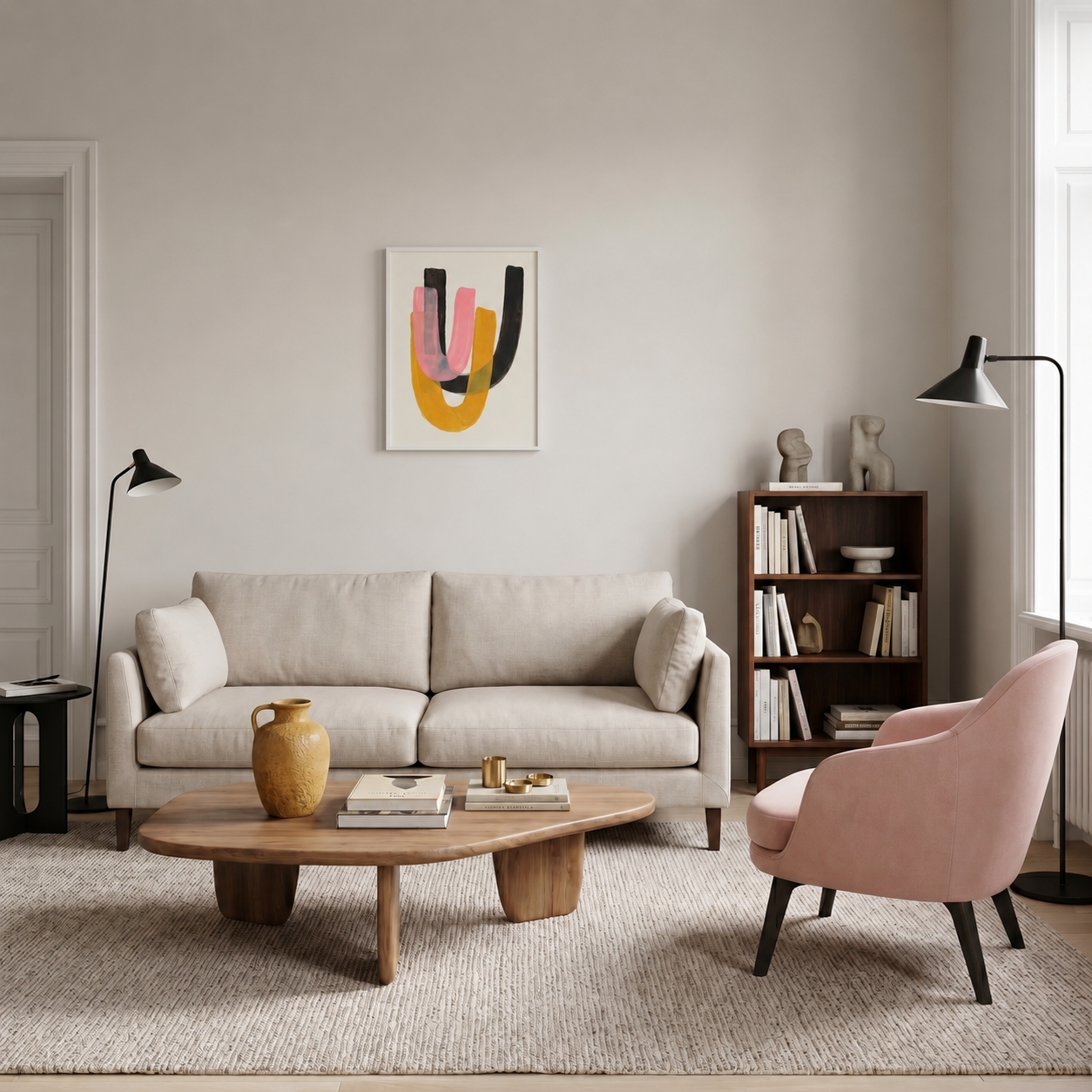 Tableau Abstrait Noir, Rose et Jaune – Contraste Doux et Énergie Moderne