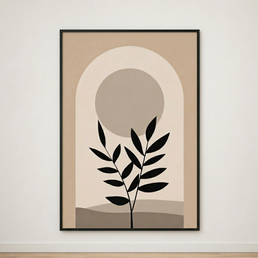 Black Foliage and Beige Arch Painting – Natural and Minimalist Harmony