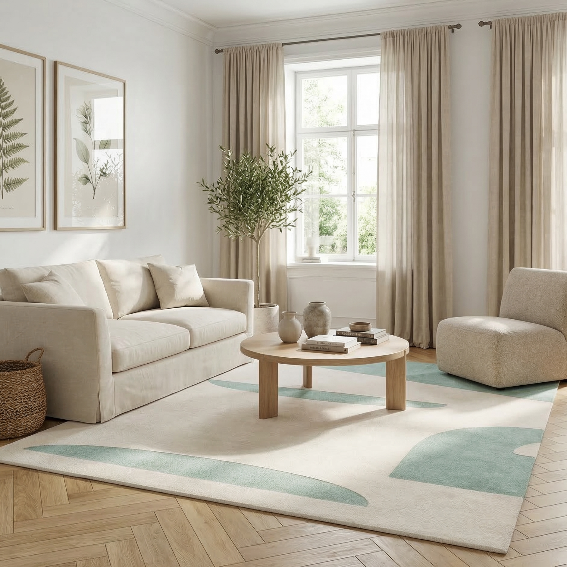 Tapis géométrique vert d’eau et écru – Soreva