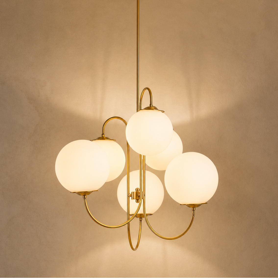 6-Globe Suspension Light in Opaline Glass and Gilded Metal – Auréora