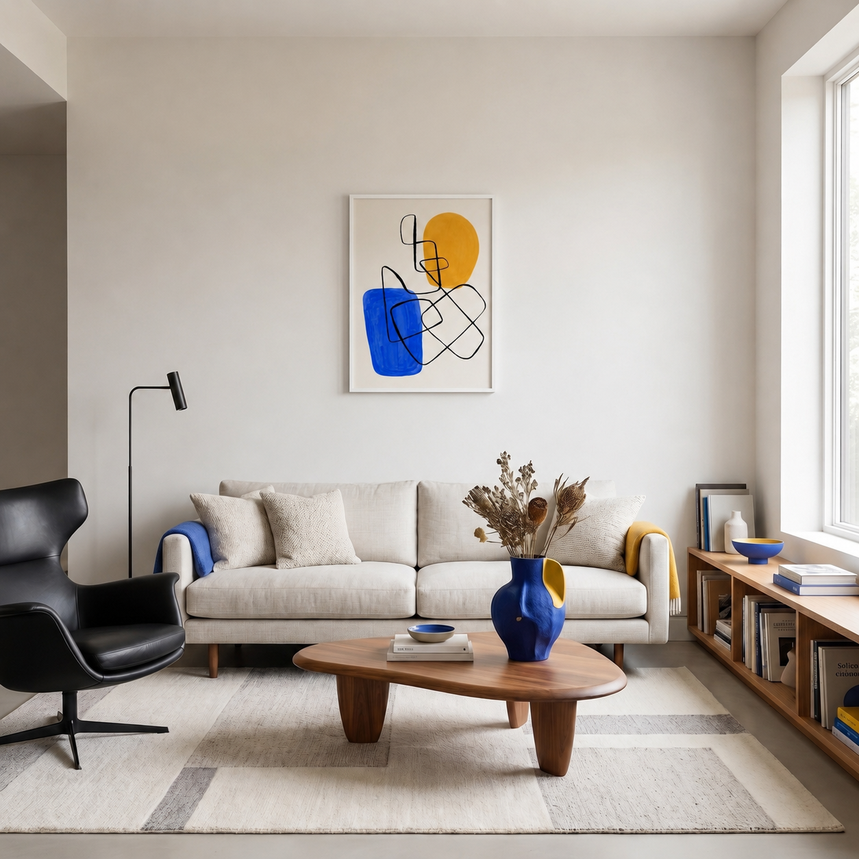 Tableau Abstrait Bleu, Ocre et Trait Noir – Équilibre Graphique et Élégance Moderne