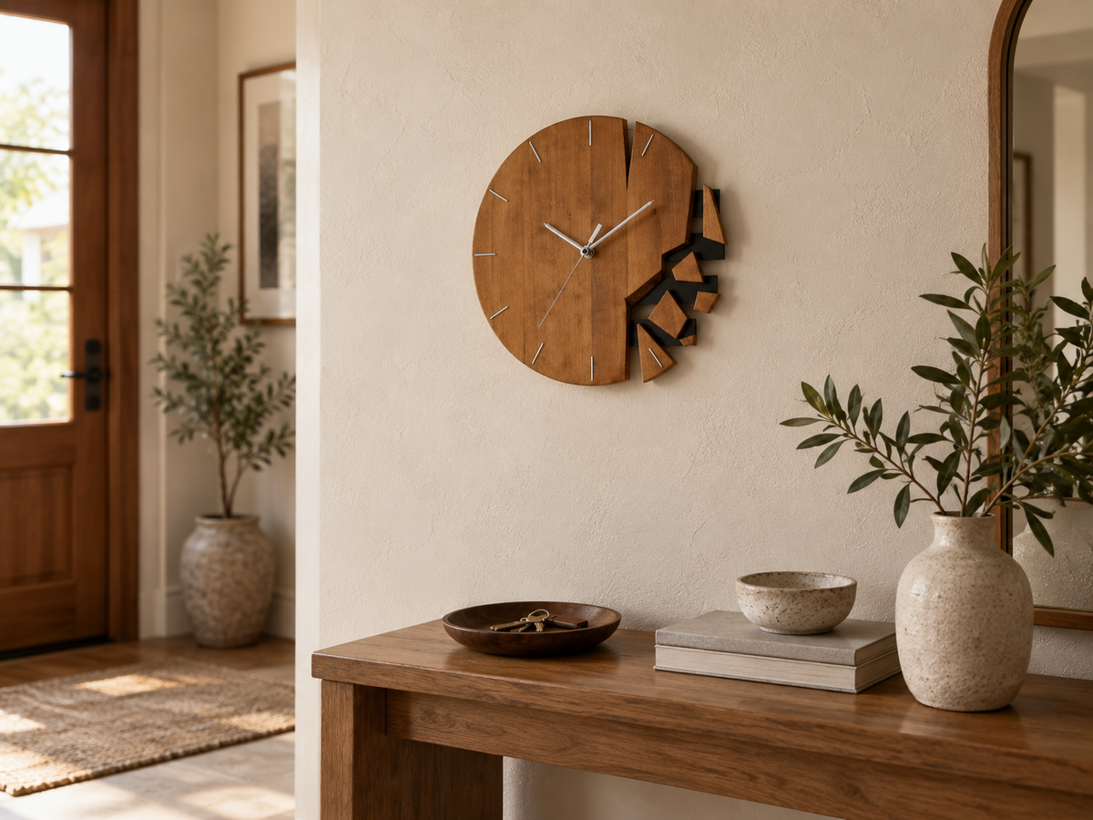 Horloge murale en bois éclaté dans une entrée lumineuse, au-dessus d'une console en bois avec vase, olivier et miroir